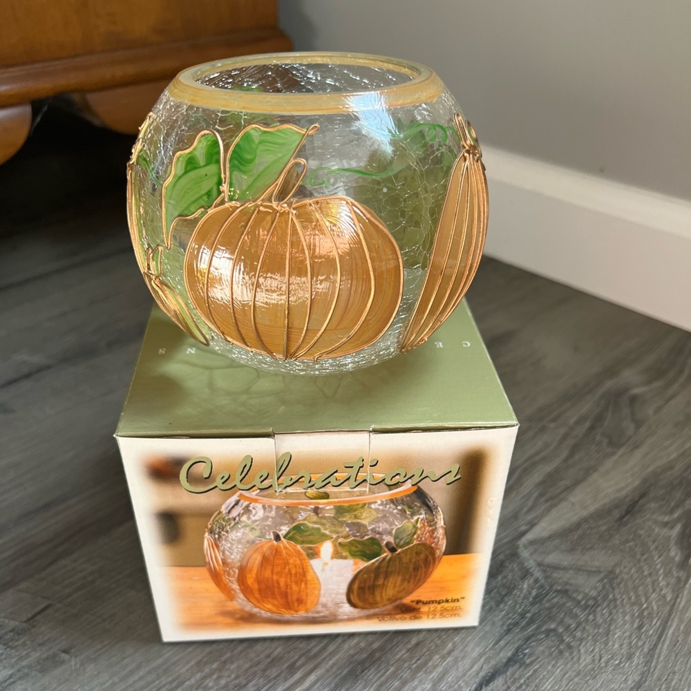 Glass Pumpkin Candle Holder - Gold and Green
